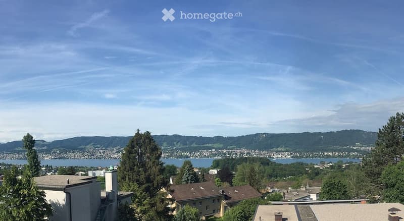 Panoramic view from a balcony showing a cityscape, lake, and distant mountains under a clear blue sky.