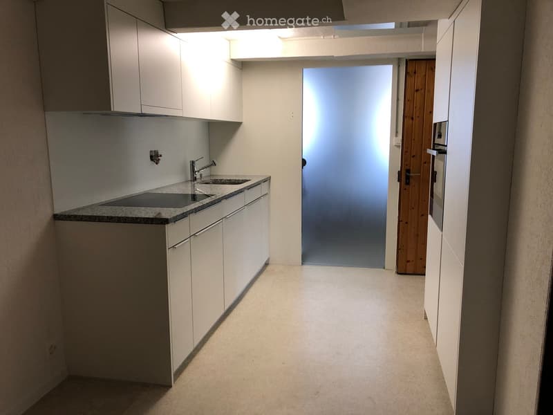Modern, minimalist hallway with white walls, light-colored flooring, and a small kitchen area visible on the left side. The hallway features a frosted glass door at the end and a wooden door to the right.