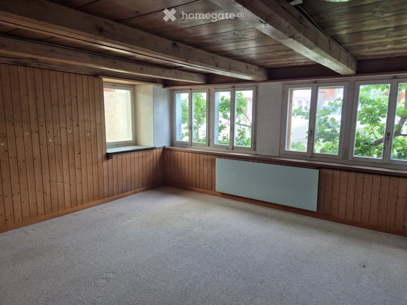 Empty room with wooden panel walls, carpeted floor, multiple windows, and a radiator. No furniture or equipment present.