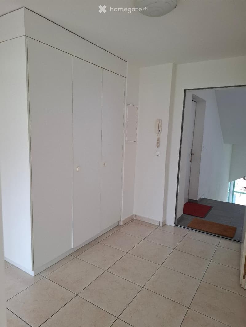 Empty hallway with tiled floor, white walls, built-in white closet, and a small red and brown doormat at the entrance.