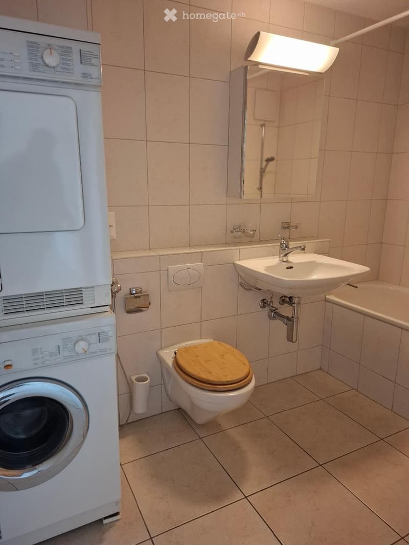 Bathroom with a toilet, sink, mirror, washing machine, and bathtub.