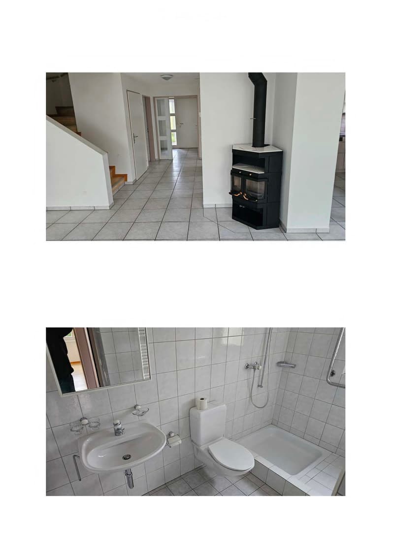 Bathroom with white tiles, white sink, white toilet, shower, mirror, and a fireplace.