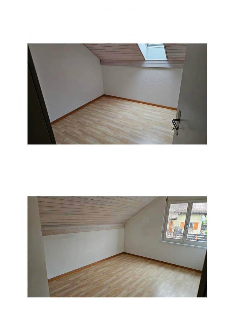 empty room, wooden floor, white walls, wooden ceiling, window, skylight