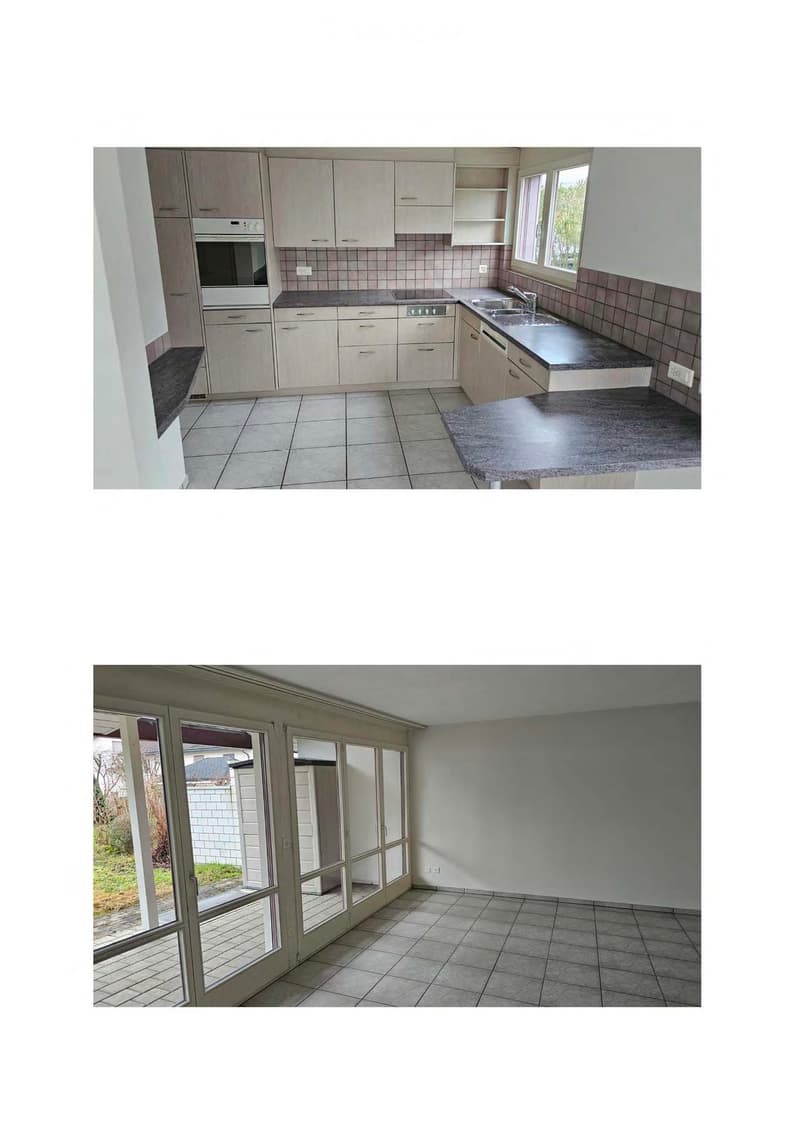 modern kitchen with white cabinets, tiled floor, double sink, dishwasher, oven, microwave, refrigerator, and a window