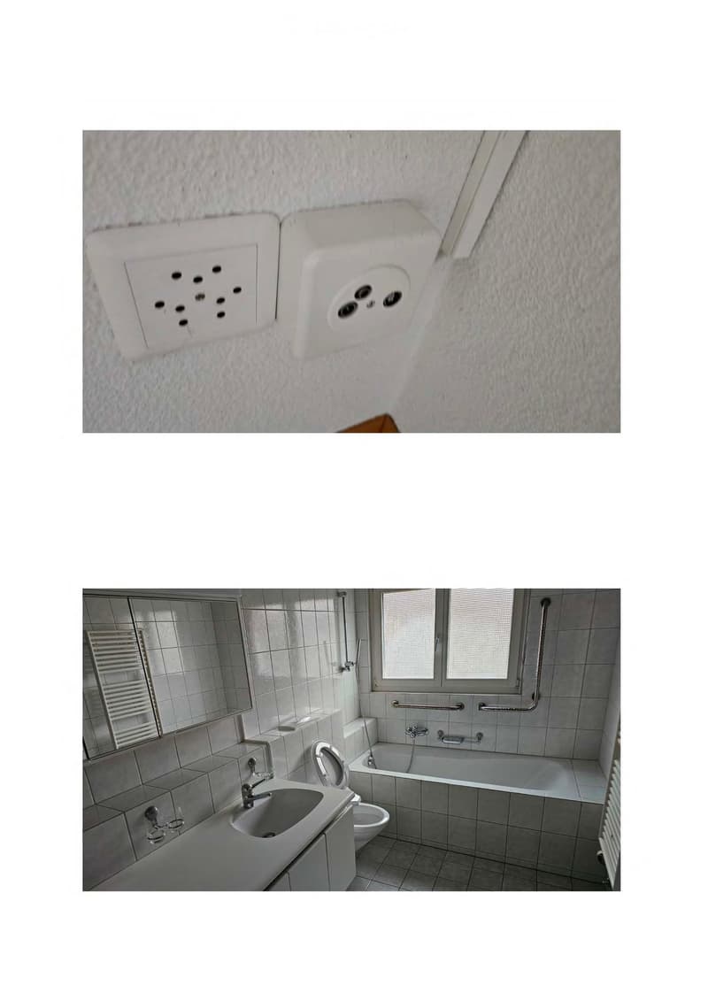 Bathroom with white tiles, bathtub, toilet, sink, and electrical outlets on the wall