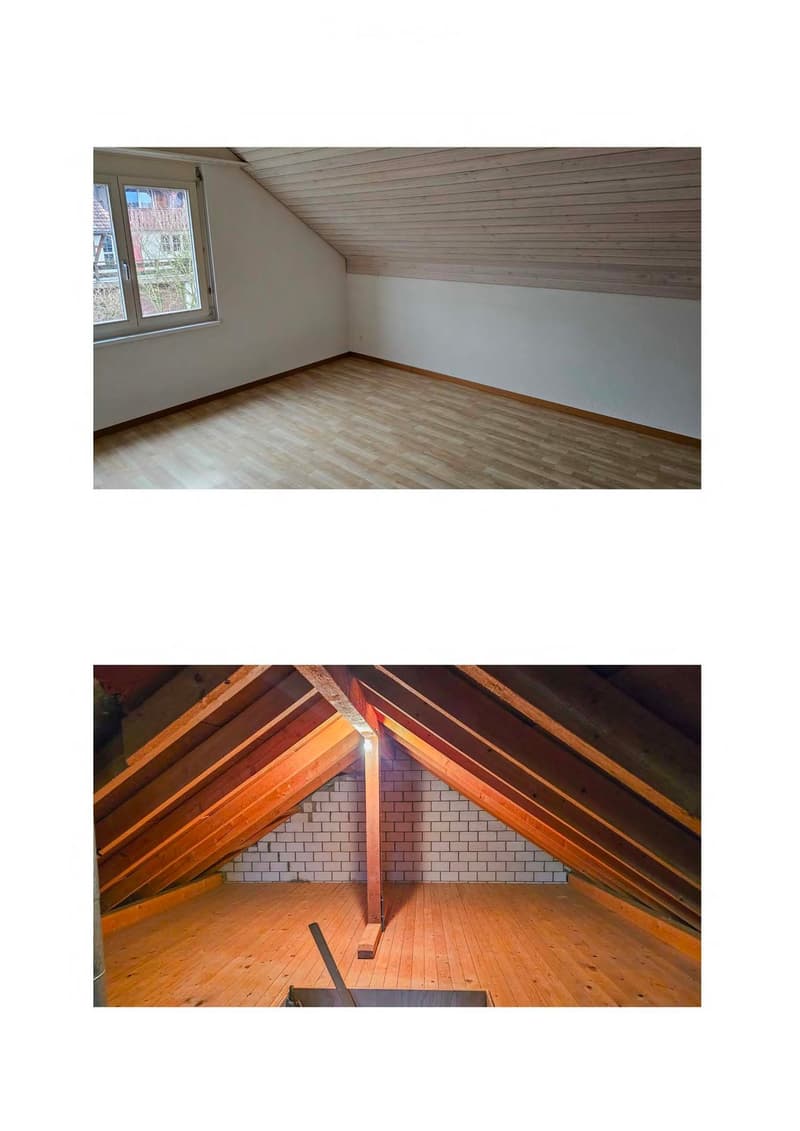 empty attic room, wooden floor, white walls, slanted ceiling, window