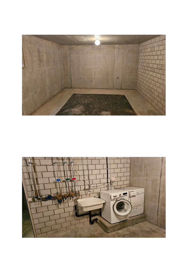 A basement room with a washing machine and sink, concrete walls, and tiled floor.