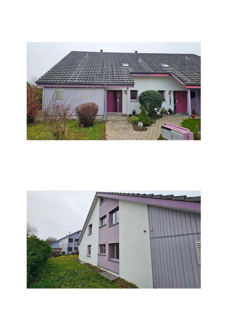 2 story house, gray roof, pink accents, two doors, windows, brick walkway, mailbox, shrubs, and plants