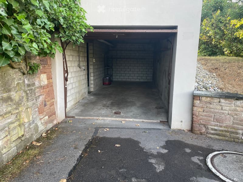 Garage entrance with concrete floor, brick walls, and ivy-covered exterior wall.