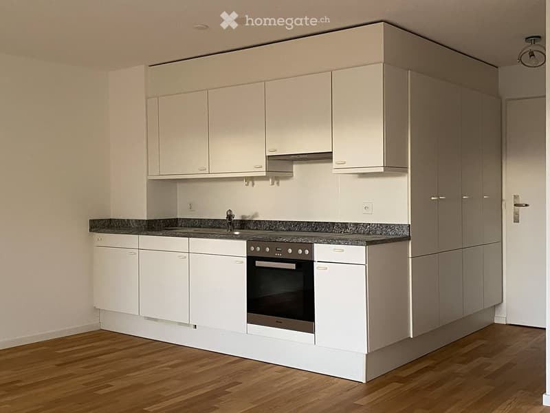 Modern kitchen with white cabinets, a built-in oven, a sink with a faucet, and a granite countertop.