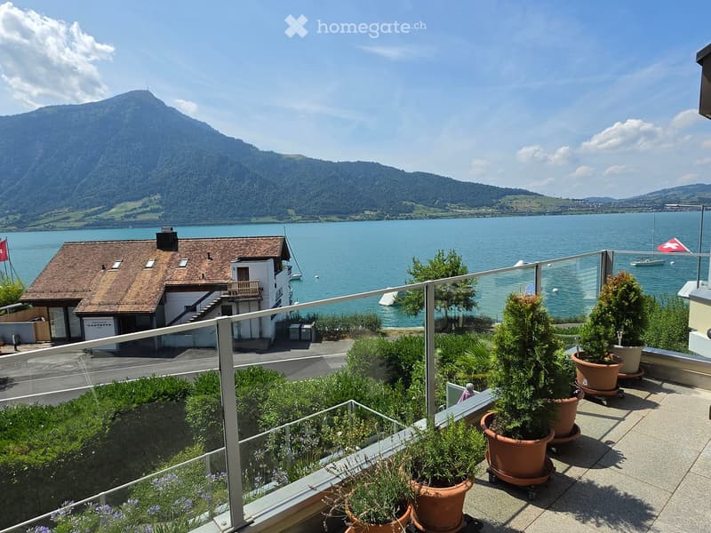 Balcony with glass railing, potted plants, and scenic view of a lake and mountains.