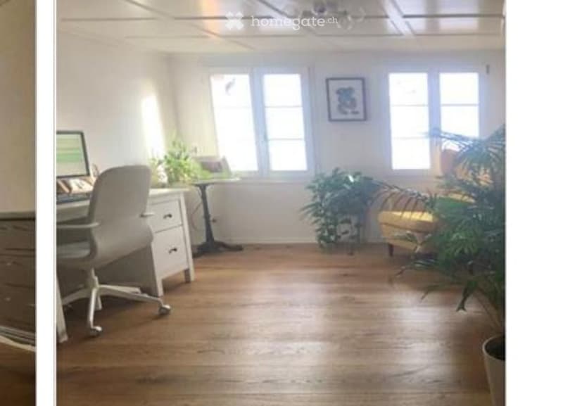 Brightly lit room with wooden flooring, a desk with a computer, a chair, and potted plants near the windows.