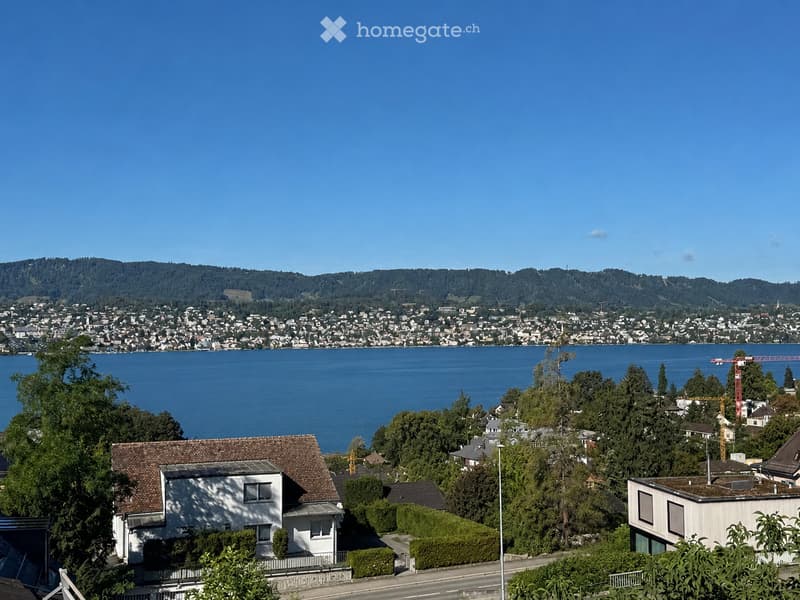 A scenic view of a town with houses, a lake, and distant mountains under a clear blue sky.