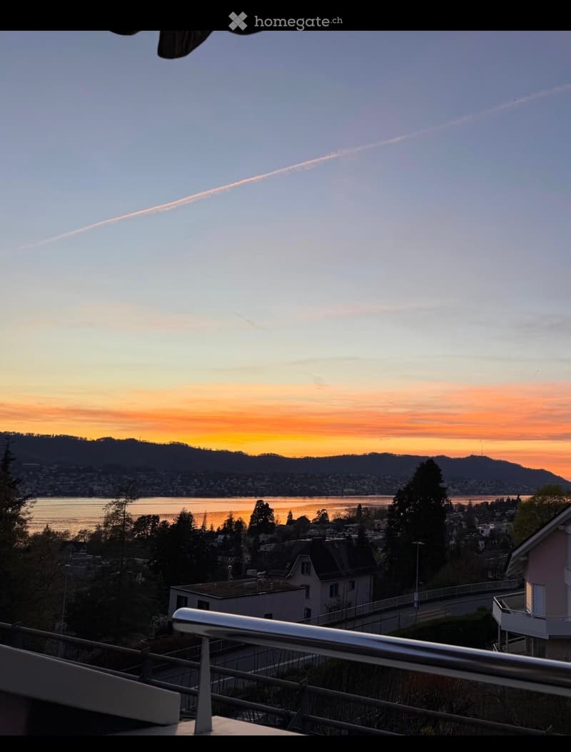 Balcony view overlooking a cityscape with a body of water, distant hills, and a sunset sky.
