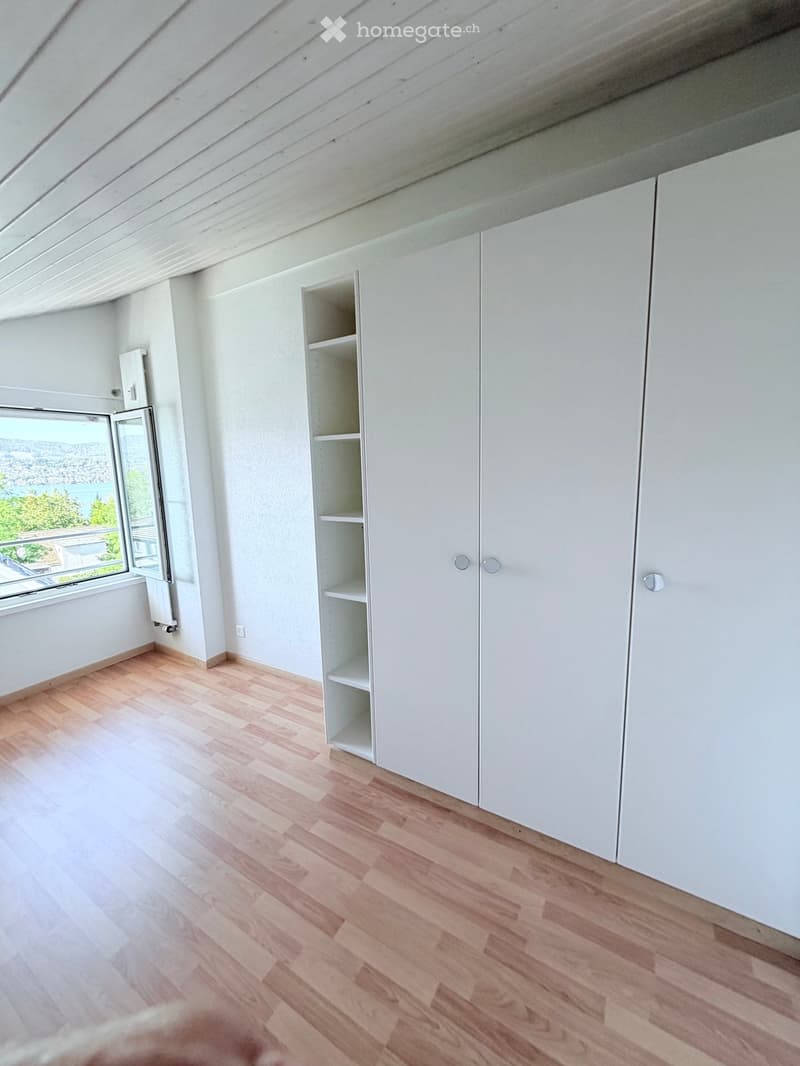 Empty room with light wooden flooring, white walls, built-in white cabinets, and a large window offering a scenic view.
