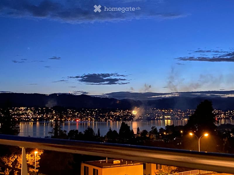 Nighttime view from a balcony showing a cityscape across a body of water with fireworks in the distance.