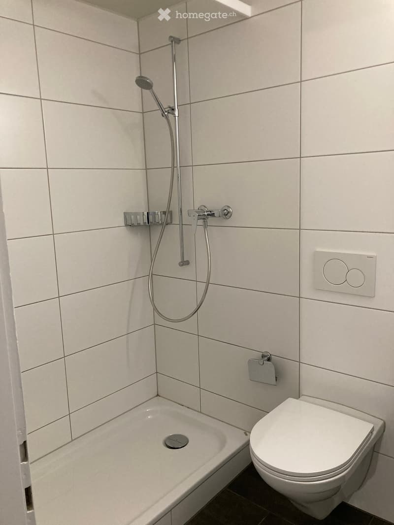 shower, toilet, white tiled walls, chrome fixtures