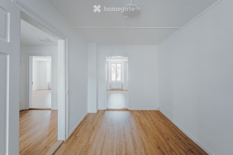 Bright, minimalist hallway with white walls, wooden flooring, and several open doorways leading to other rooms.