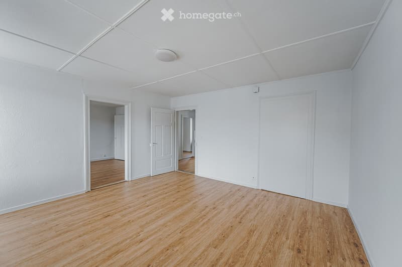 Empty room with light-colored walls, wooden flooring, and multiple doors leading to other spaces.