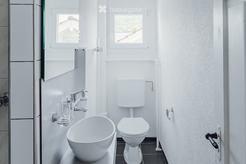 Modern bathroom with white walls, a bathtub, toilet, faucet, and a mirror. The space is bright with natural light from two small windows.