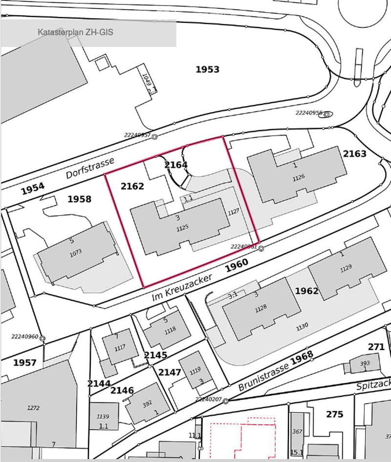 Floor plan showing multiple buildings and plots with numbered designations and street names.