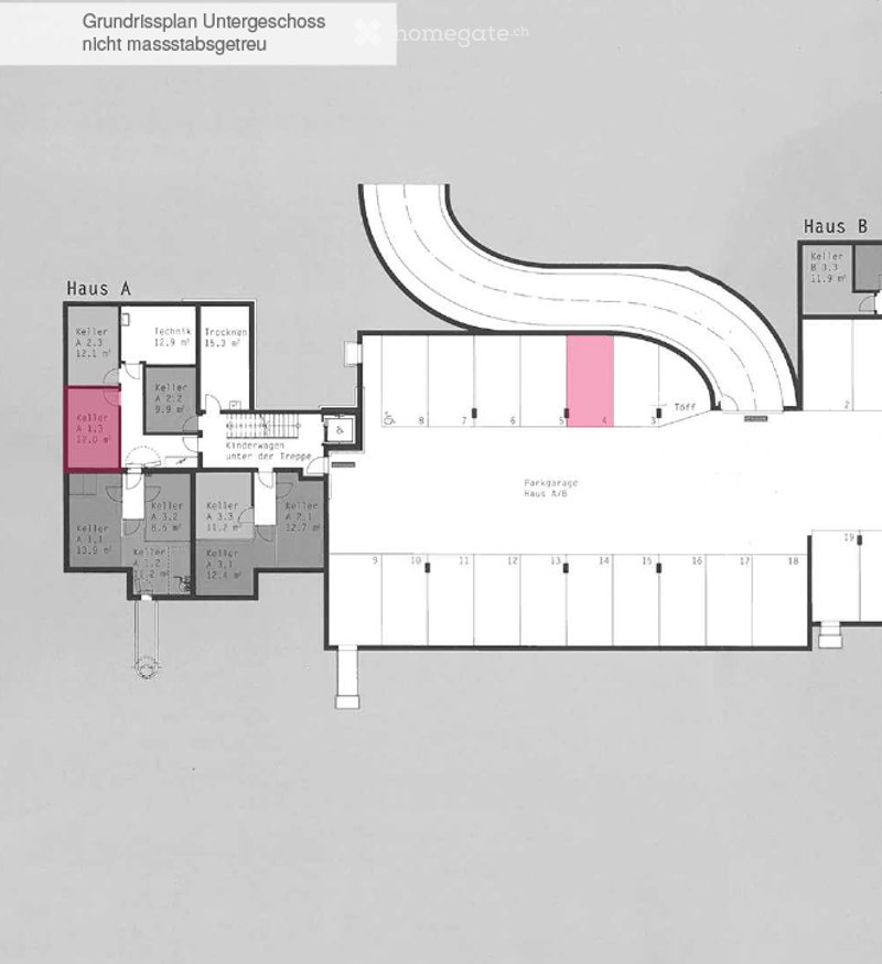 Floor plan of a basement level showing two houses (Haus A and Haus B) with multiple rooms and parking spaces.