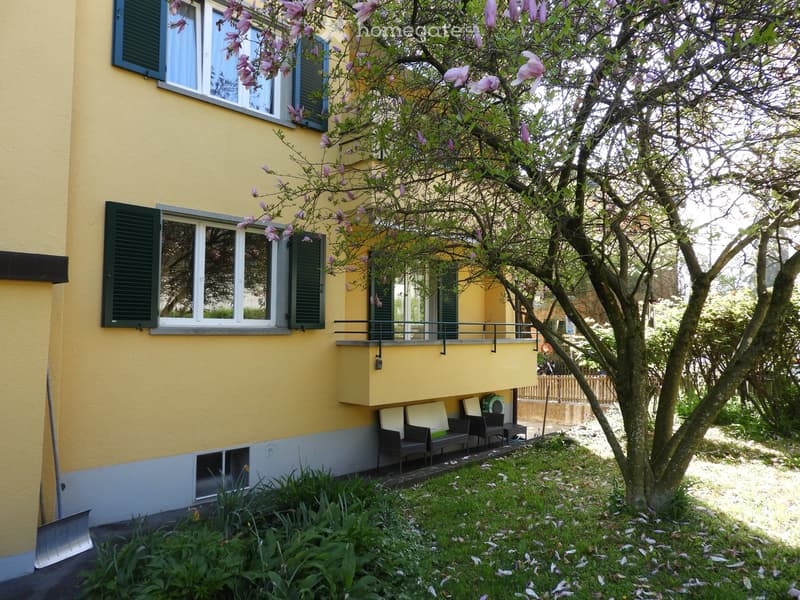 Yellow building with green shutters, balcony, small garden with tree and bench