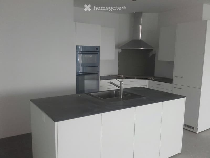 Modern kitchen with white cabinets, black countertop, stainless steel sink, faucet, oven, and range hood.