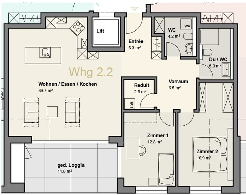 Floor plan of apartment 2.2 showing living/dining/kitchen area, two bedrooms, bathroom, entrance, hallway, and loggia.