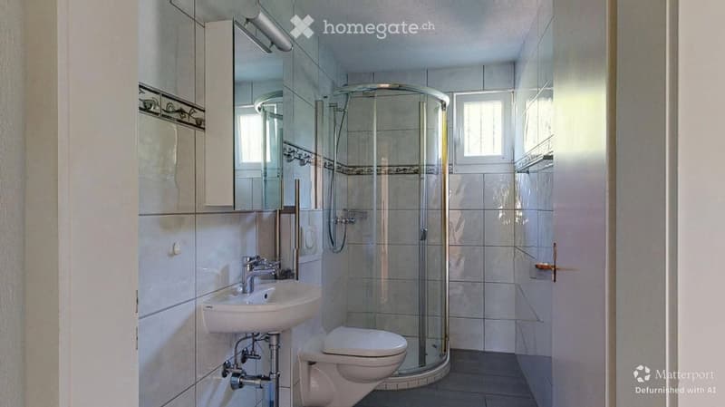 Modern bathroom with a white sink, toilet, glass-enclosed shower, and a mirrored cabinet above the sink.