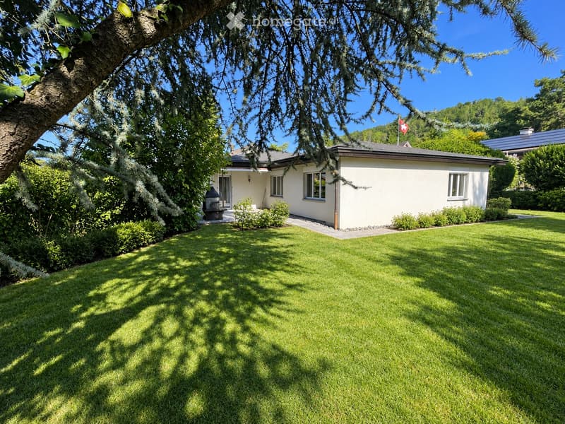 A well-maintained garden with a neatly trimmed lawn, surrounded by trees and shrubs, with a small white house in the background featuring a flagpole and a few windows.