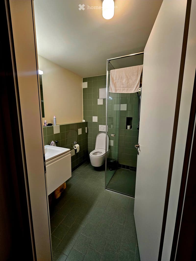 Modern bathroom with green tiled walls, a toilet, a sink with a mirror, a glass-enclosed shower, and a towel hanging on the shower door.