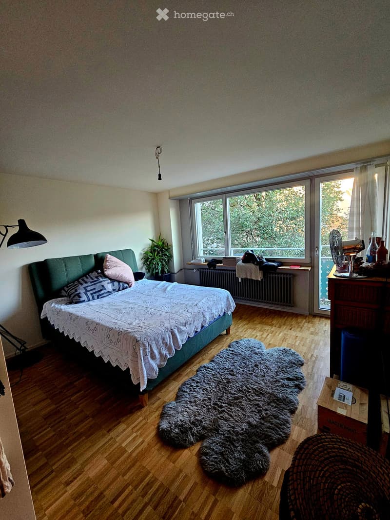 Cozy bedroom with wooden flooring, a green upholstered bed with white bedding, a large fur rug, a nightstand with a fan, and a plant near the window.