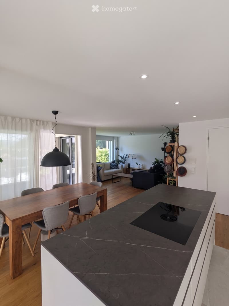 Open-plan living and dining area with a wooden dining table, grey chairs, a grey sofa, a coffee table, a kitchen island with an induction cooktop, pendant light, and large windows with curtains.