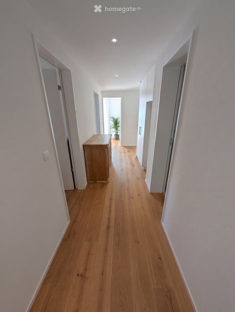 A long, narrow hallway with light wooden flooring, white walls, and several doors on both sides. A small wooden bench and a potted plant are visible at the end of the hallway.