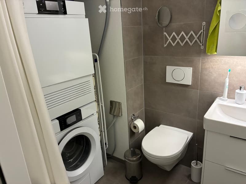 Modern bathroom with a washing machine, toilet, sink, mirror, and towel. Includes a toothbrush and a small trash can.