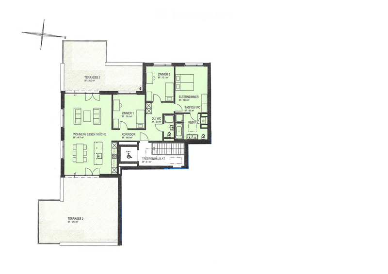 Floor plan of a residential unit featuring a living/dining/kitchen area, two bedrooms, a bathroom, a hallway, a staircase, and two terraces.
