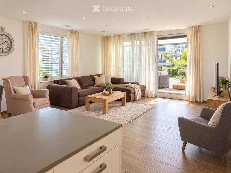 Modern living room with a brown sectional sofa, wooden coffee table, armchairs, TV, and large windows leading to a balcony.