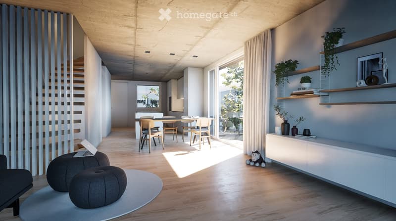 Modern living and dining area with wooden flooring, large windows, grey sofa, round stools, dining table with chairs, shelves with decorative items, and a staircase leading to an upper level.
