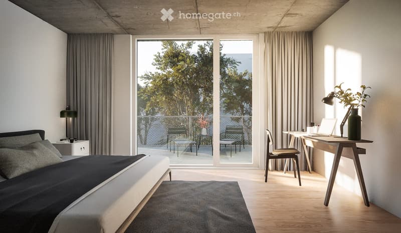 Modern bedroom with a bed, nightstand, desk, and balcony access. The room features a sleek design with a wooden floor and large windows offering a view of the outdoor area.