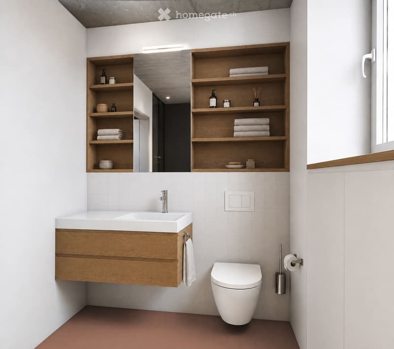 Modern bathroom with white tiles, wooden cabinet, sink, toilet, and wooden shelves holding towels and toiletries.