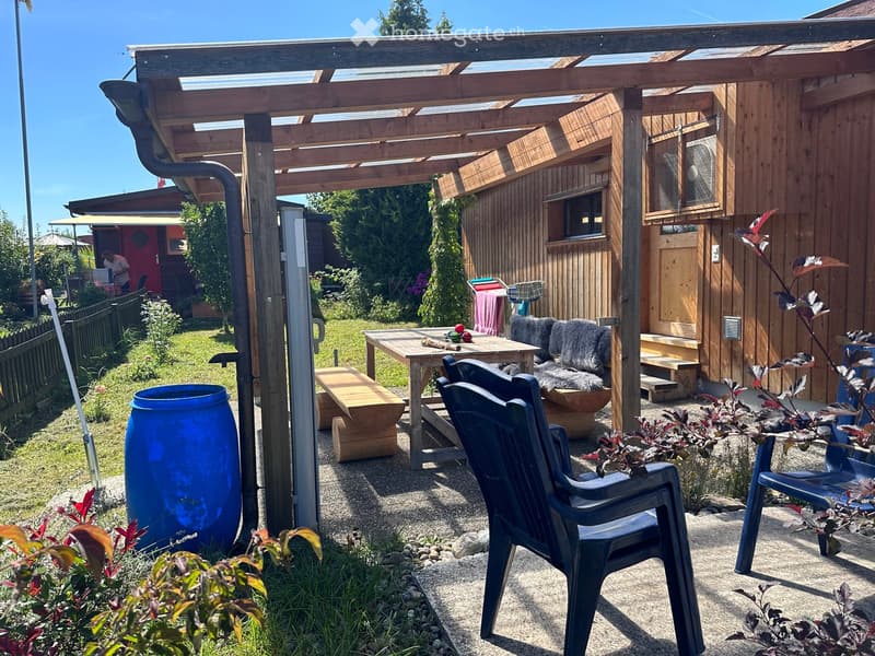 A wooden pergola-covered outdoor area with a table, chairs, a bench, and a large blue barrel. The area is surrounded by plants and a wooden building.