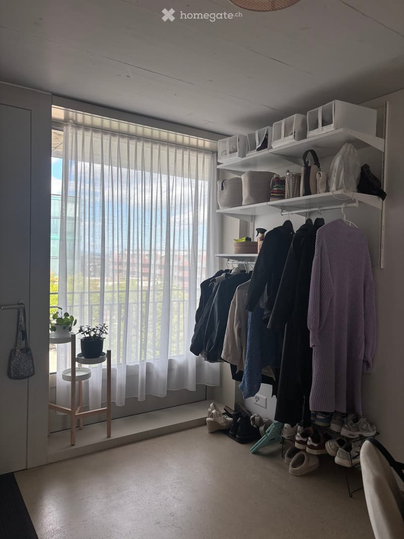 A well-organized closet with white shelves holding folded clothes, bags, and storage bins. A clothing rack with jackets and coats is visible, along with a shoe rack and potted plants on a small wooden stool near the window.