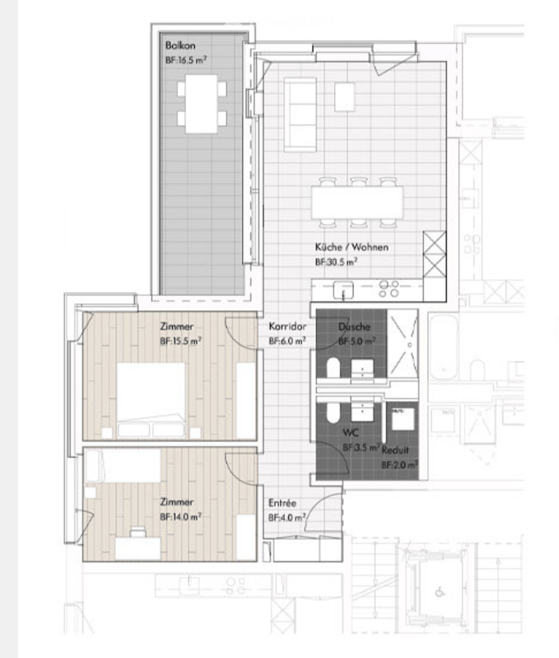 Floor plan showing a balcony, living/dining area, two bedrooms, hallway, bathroom, and entrance.