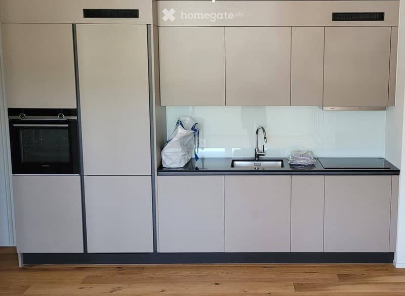 Modern kitchen with light-colored cabinets, a built-in oven, a sink with a modern faucet, and a sleek countertop.