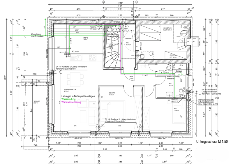Floor plan of a basement level showing multiple rooms including a kitchen, living room, bedroom, bathroom, and storage areas. Dimensions and technical details are labeled.