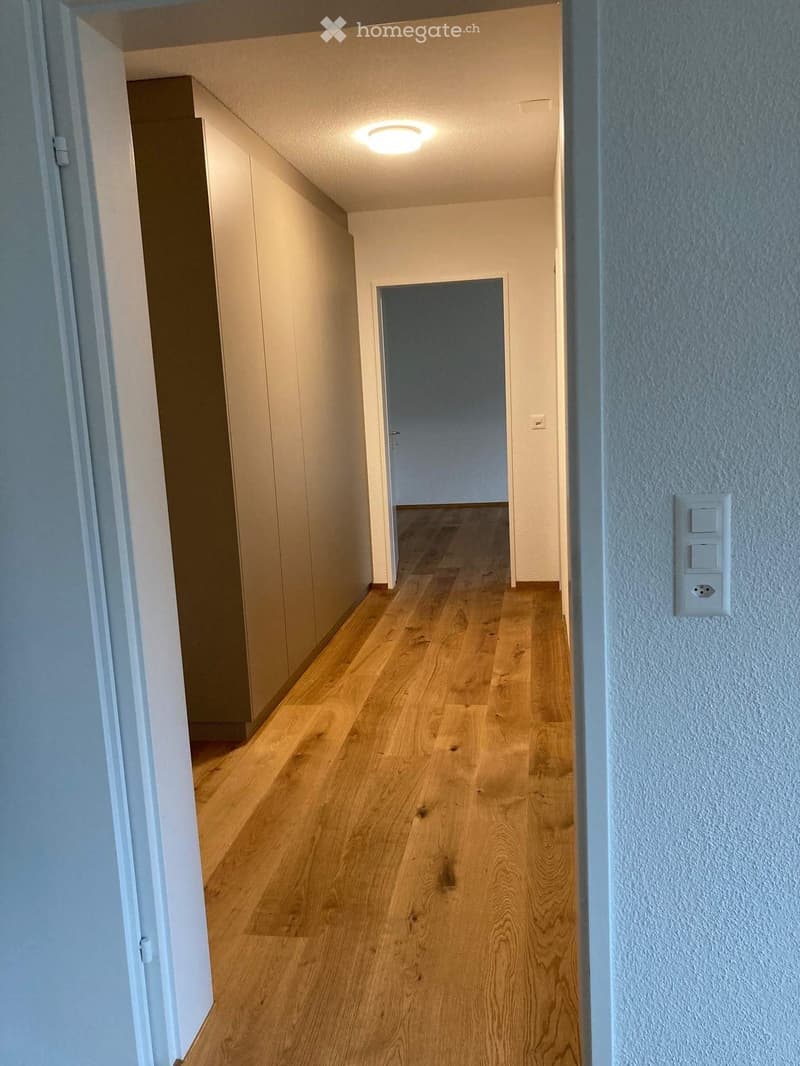 Empty hallway with light wooden flooring, white walls, and a recessed ceiling light. A closed door is visible at the end of the hallway.