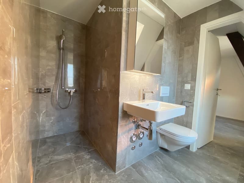 Modern bathroom with grey marble tiles, a white sink, toilet, and a shower area with a glass enclosure.