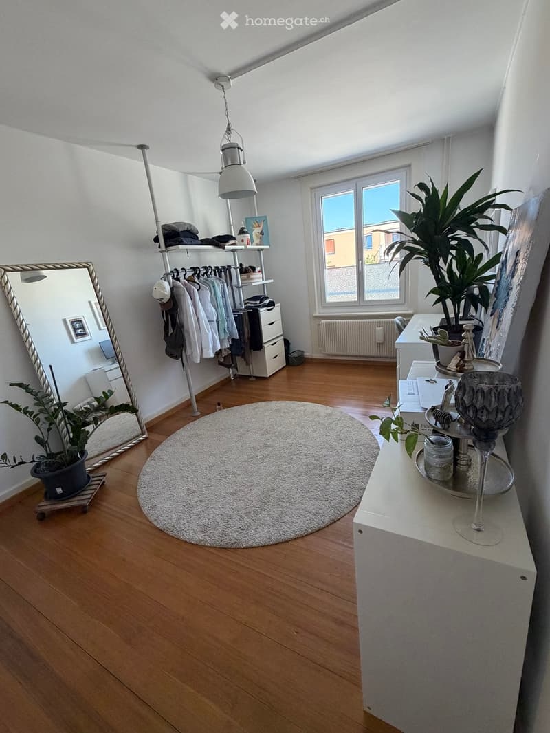 A well-lit room with wooden flooring, a large round rug, a clothing rack with folded clothes, a shelf with various items, a large mirror, and several potted plants.
