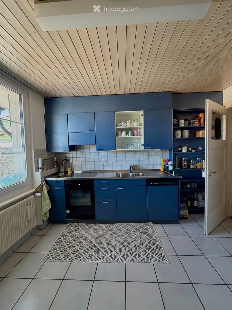 Modern kitchen with blue cabinets, stainless steel appliances, and a tiled backsplash. Features a sink, oven, dishwasher, and various kitchen items on the counter and shelves.